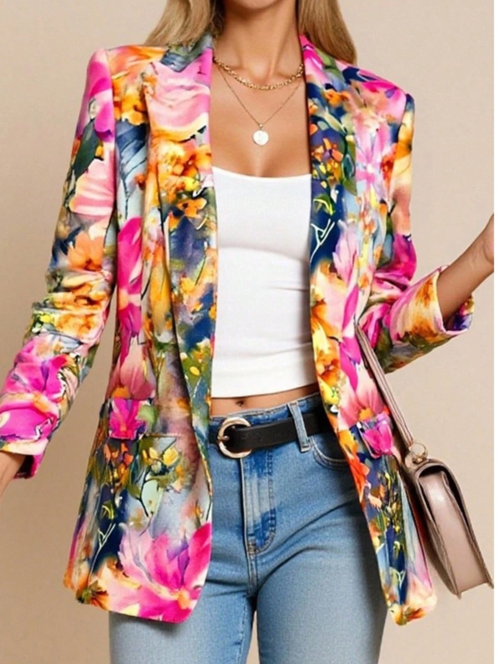 Classic Floral Print 3/4 sleeve Colorful Blazer - Picture 3 of 5